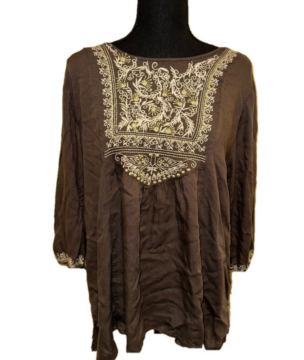 GRAY SWEET MAGNOLIA BOHO LONG SLEEVE EMBROIDERED TOP